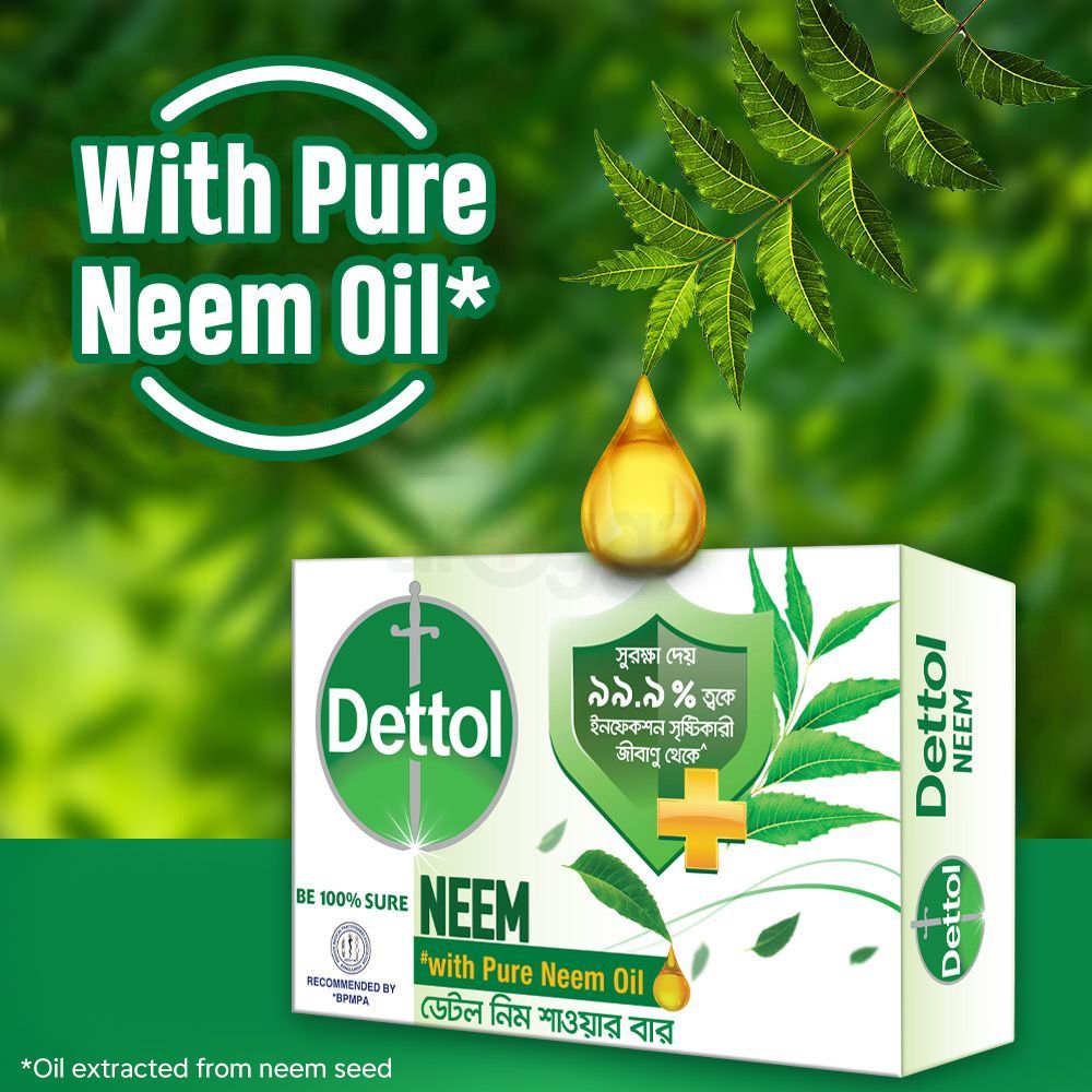 Dettol Soap Neem with Pure Neem Oil Bathing Shower Bar 125g, protects from 99.9% skin infection causing germs.  