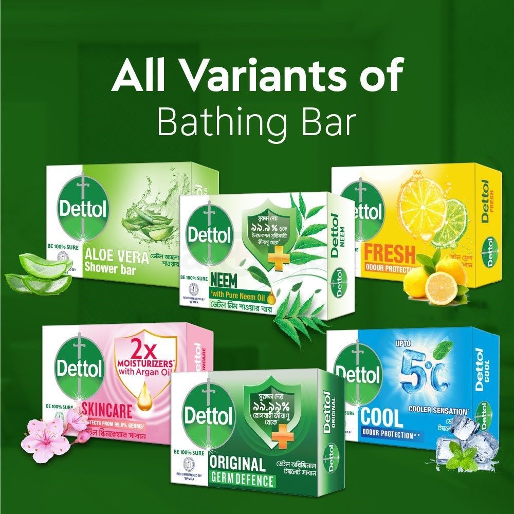 Dettol Soap Neem with Pure Neem Oil Bathing Shower Bar 125g, protects from 99.9% skin infection causing germs.  