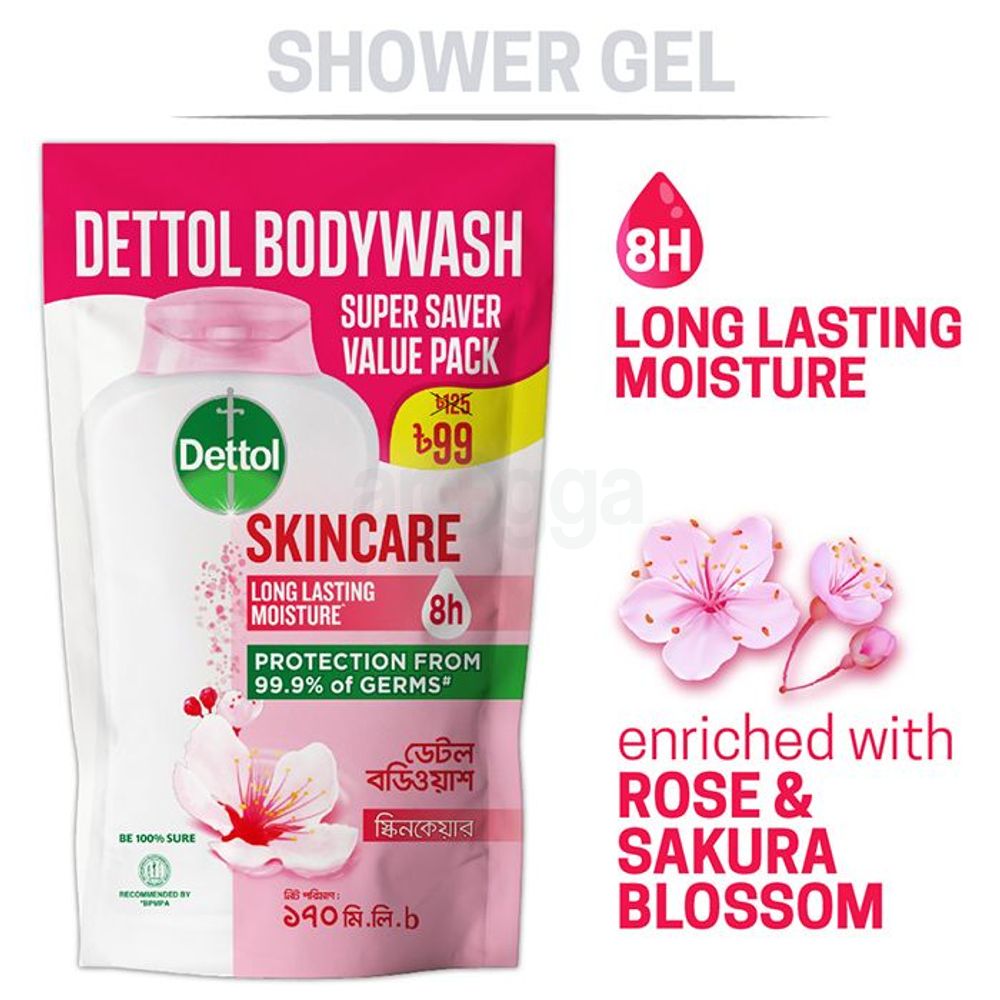 Dettol Antibacterial Body Wash Skincare Rose & Sakura Blossom with 8 Hours Long Lasting Moisture 170ml Shower Gel Refill  