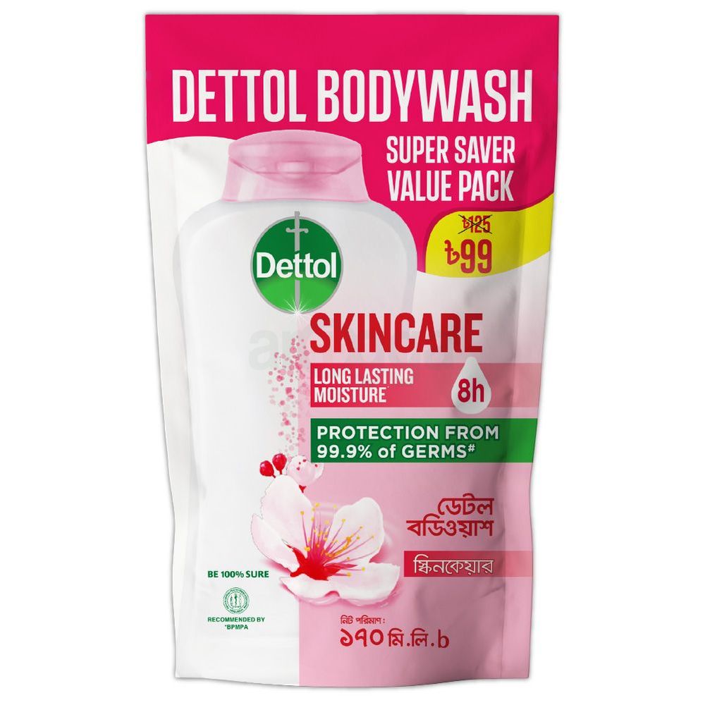 Dettol Antibacterial Body Wash Skincare Rose & Sakura Blossom with 8 Hours Long Lasting Moisture 170ml Shower Gel Refill  
