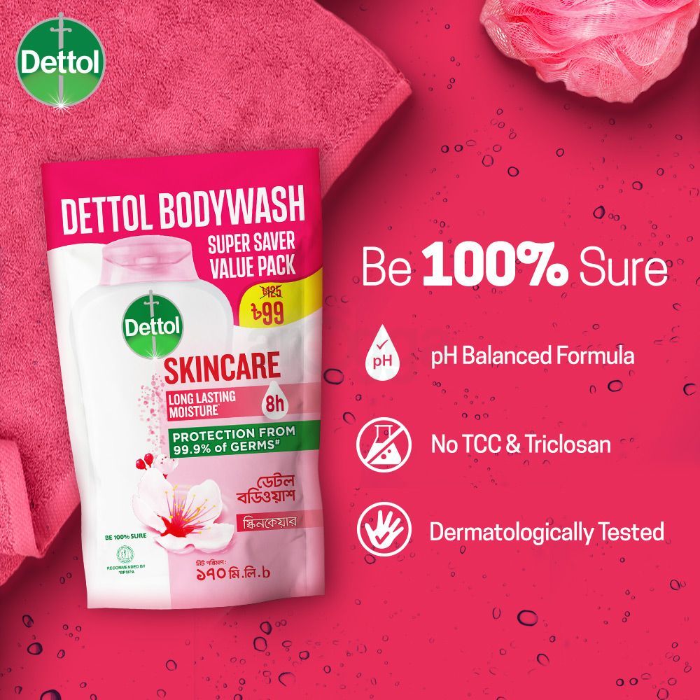 Dettol Antibacterial Body Wash Skincare Rose & Sakura Blossom with 8 Hours Long Lasting Moisture 170ml Shower Gel Refill  