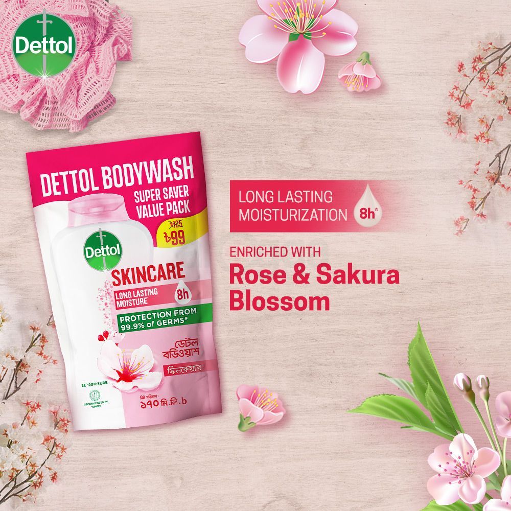 Dettol Antibacterial Body Wash Skincare Rose & Sakura Blossom with 8 Hours Long Lasting Moisture 170ml Shower Gel Refill  