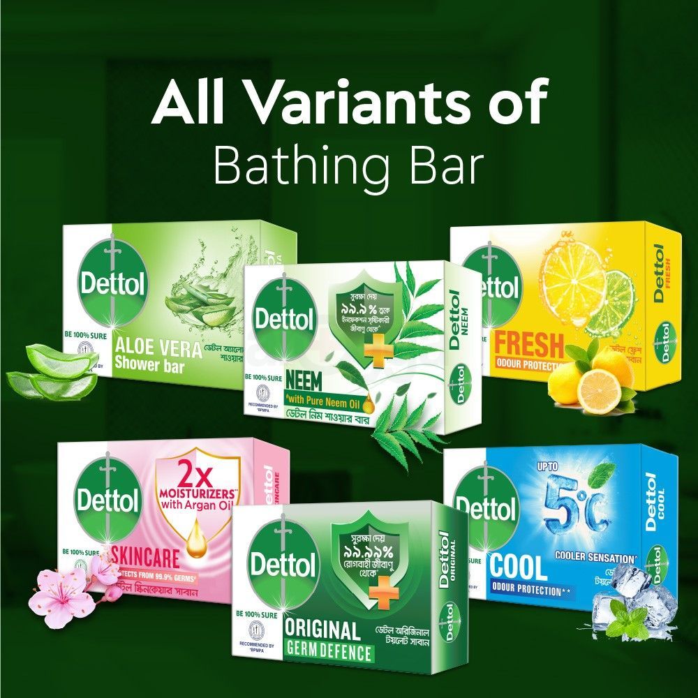Dettol Soap Neem with Pure Neem Oil Bathing Shower Bar 75g, protects from 99.9% skin infection causing germs.  