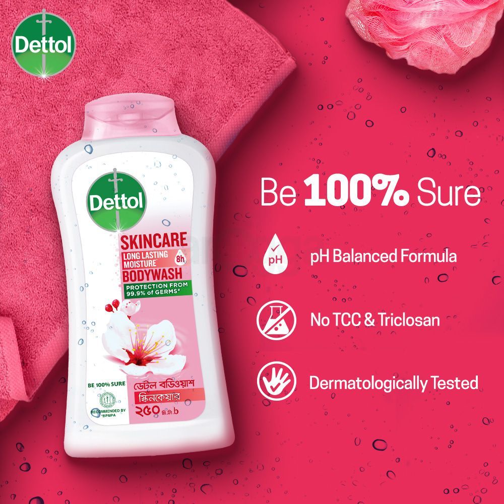 Dettol Antibacterial Body Wash Shower Gel Skincare Rose & Sakura Blossom with 8 Hour Lasting Moisture 250ml Free Loofa  