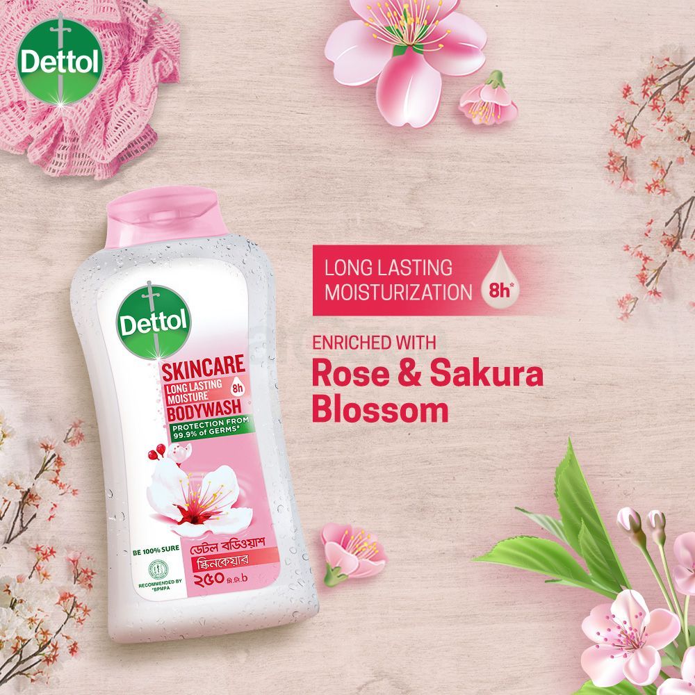 Dettol Antibacterial Body Wash Shower Gel Skincare Rose & Sakura Blossom with 8 Hour Lasting Moisture 250ml Free Loofa  