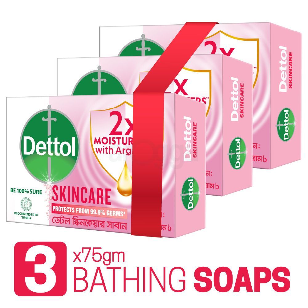 Dettol Soap Skincare Pack of 3 (75gm X 3), 2X Moisturizers with Argan Oil Bathing Bar  