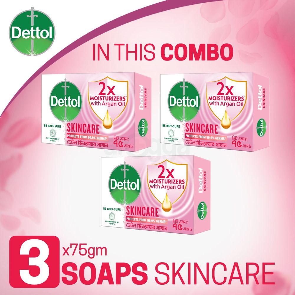 Dettol Soap Skincare Pack of 3 (75gm X 3), 2X Moisturizers with Argan Oil Bathing Bar  