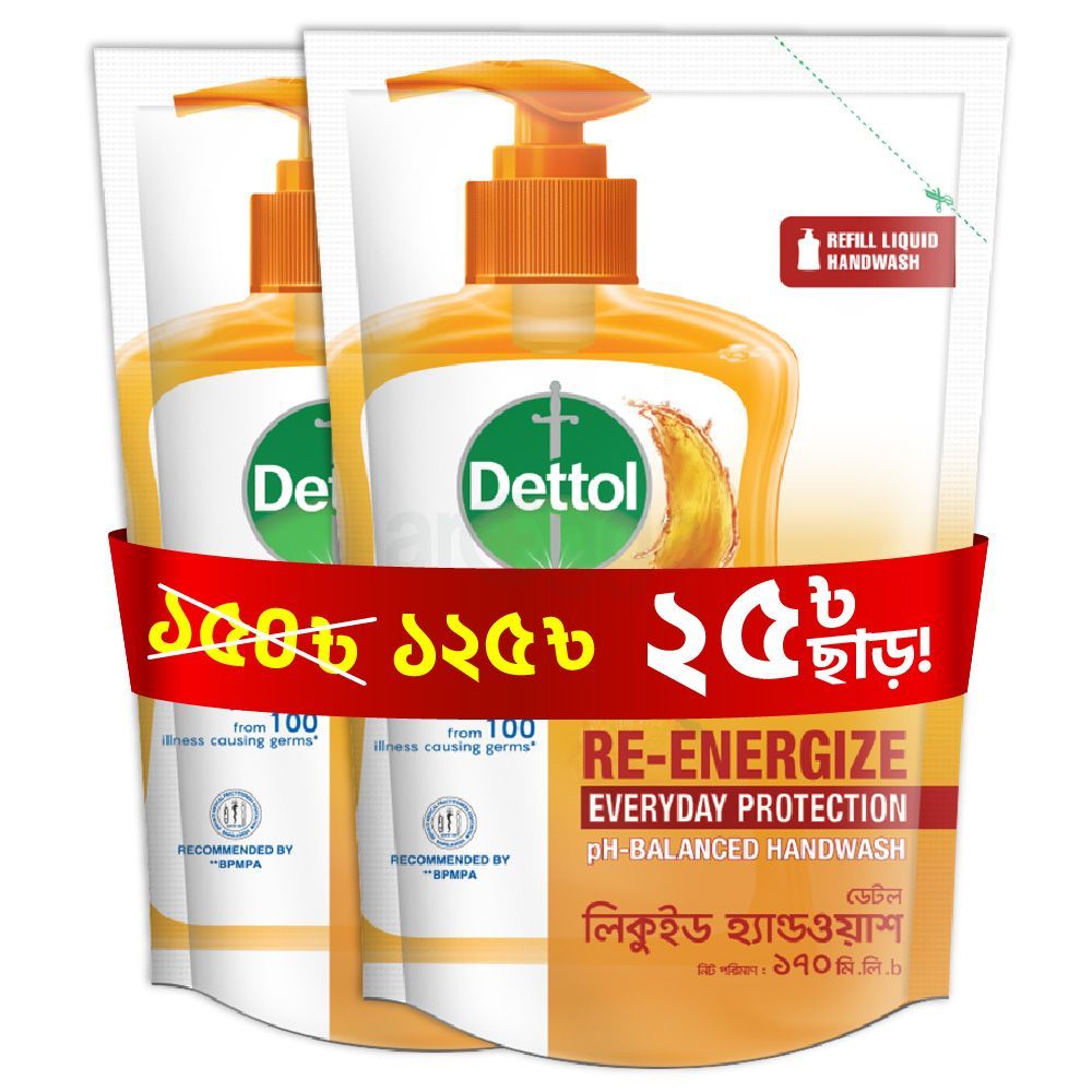 Dettol Handwash Refill 170ml X 2 Re-Energize pH-Balanced Liquid Soap formula  