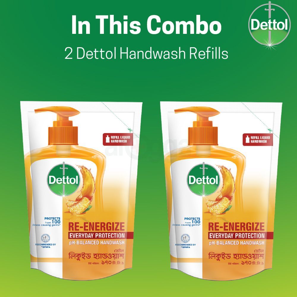 Dettol Handwash Refill 170ml X 2 Re-Energize pH-Balanced Liquid Soap formula  