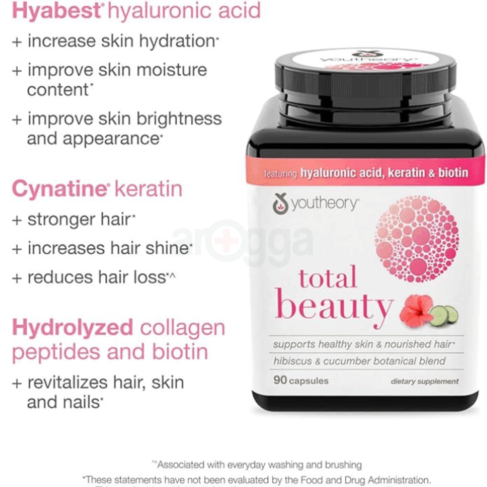 Youtheory Total Beauty Hyaluronic Acid, Keratin & Biotin Capsules 90  