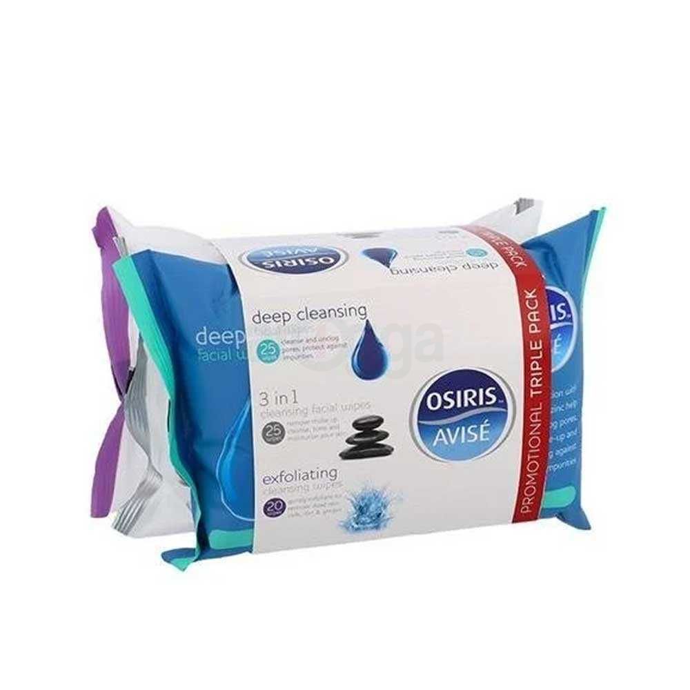Osiris Avise Tripple Pack facial Wipes Set (Deep Cleansing Facial Wipes, 3 in 1 Cleansing Facial Wipes, Exfoliating Facial Wipes)  
