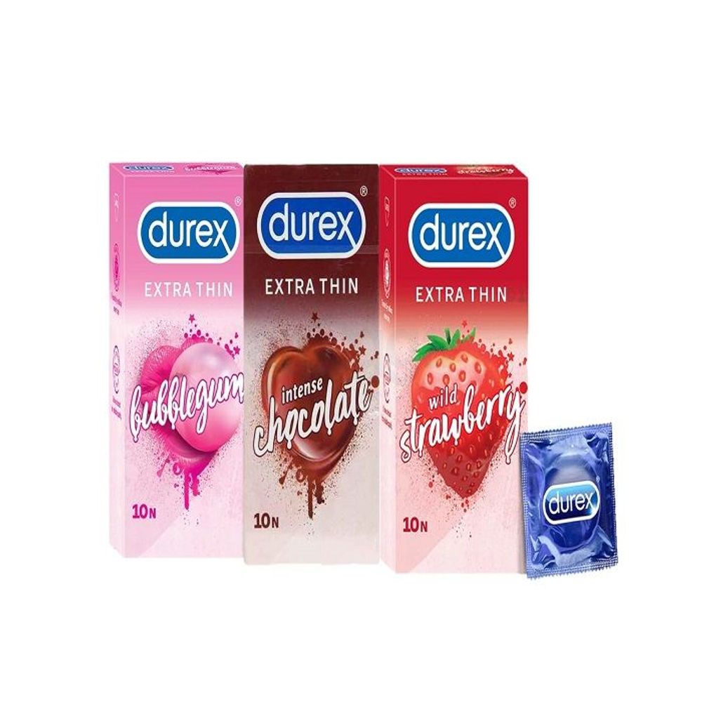 Durex Assorted Flavours Combo Pack of 3 = 30Pcs Condom - Durex Extra Thin (Bubblegum 10s + Chocolate 10s + Strawberry 10s (14)  