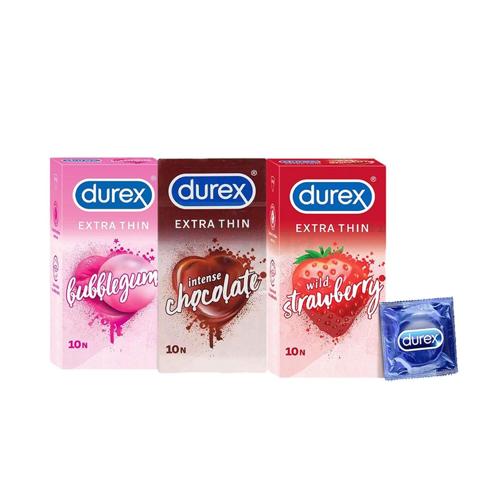 Durex Assorted Flavours Combo Pack of 3 = 30Pcs Condom - Durex Extra Thin (Bubblegum 10s + Chocolate 10s + Strawberry 10s (14)  