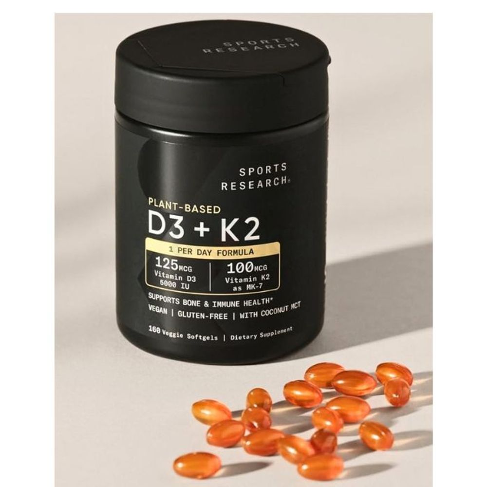 Sports Research Plant-Based Vitamin D3 + K2, 5000iu Vitamin D with 100mcg Mk7 Vitamin K Supplement with Organic Coconut Oil for Stronger Bones & Immune Health 160 Softgels  