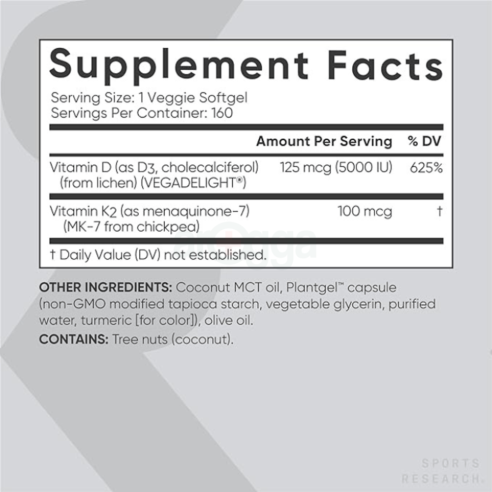 Sports Research Vitamin D3 K2 with 5000iu of Plant-Based D3 & 100mcg of Vitamin K2  