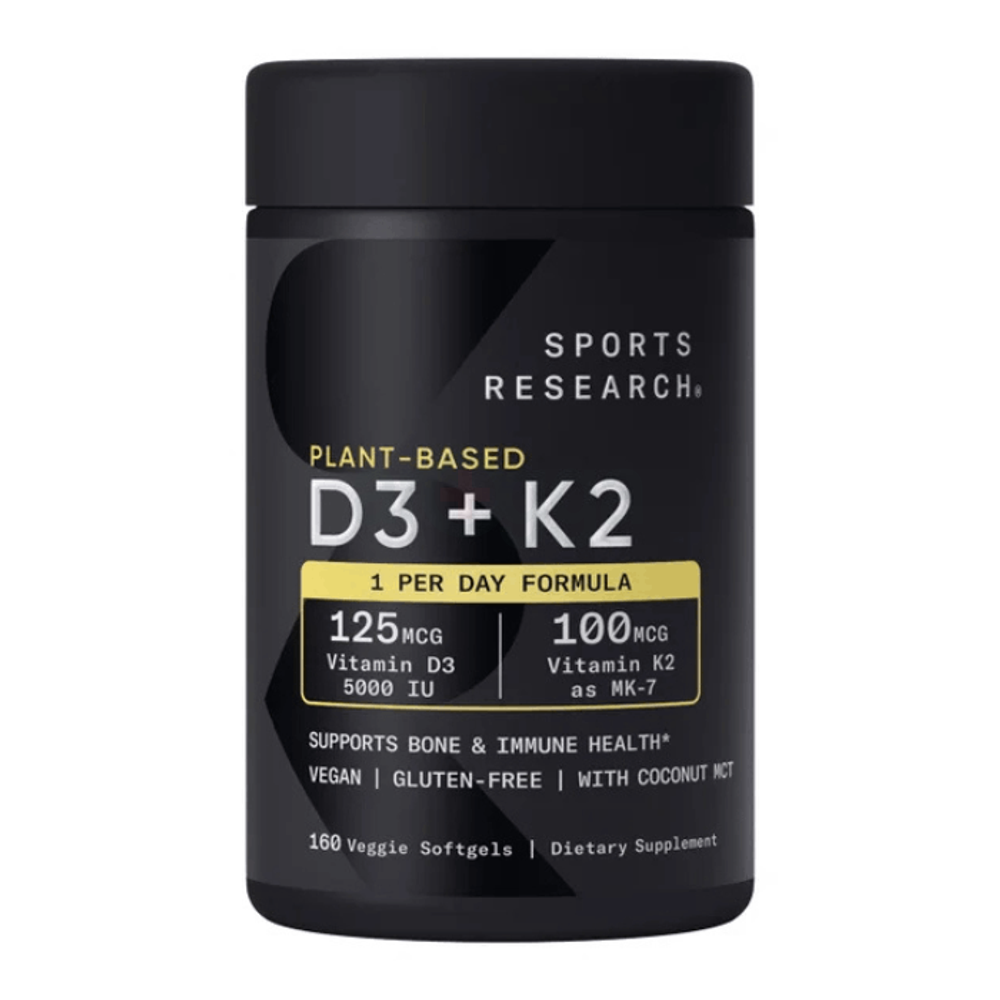 Sports Research Plant-Based Vitamin D3 + K2, 5000iu Vitamin D with 100mcg Mk7 Vitamin K Supplement with Organic Coconut Oil for Stronger Bones & Immune Health 160 Softgels  