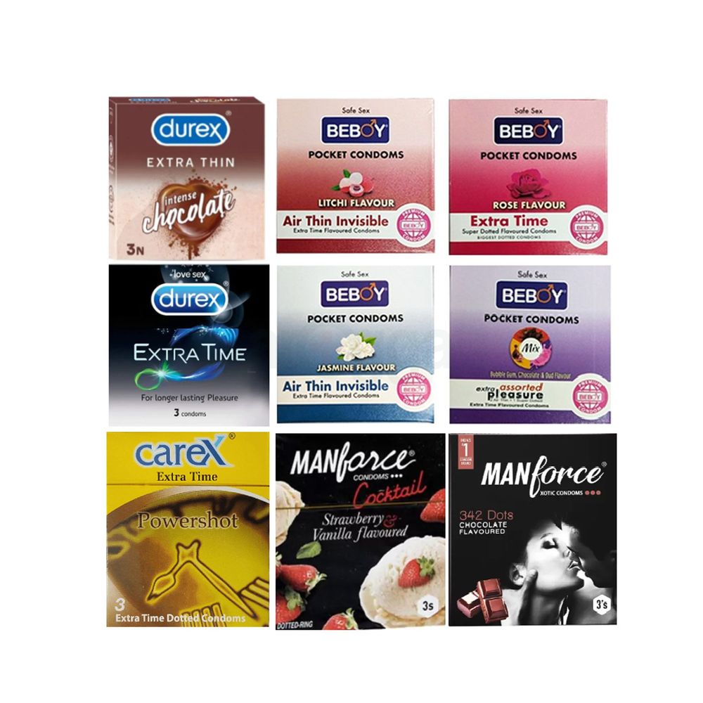 Durex Assorted Combo 3x9 = 27Pcs Condom - Durex Extra Time 3s + Chocolate 3s + Manforce Cocktail 3s + Chocolate 3s + Carex Powershot 3s + Beboy Litchi 3s, Rose 3s,Jasmine 3s, Mixed 3s (51)  