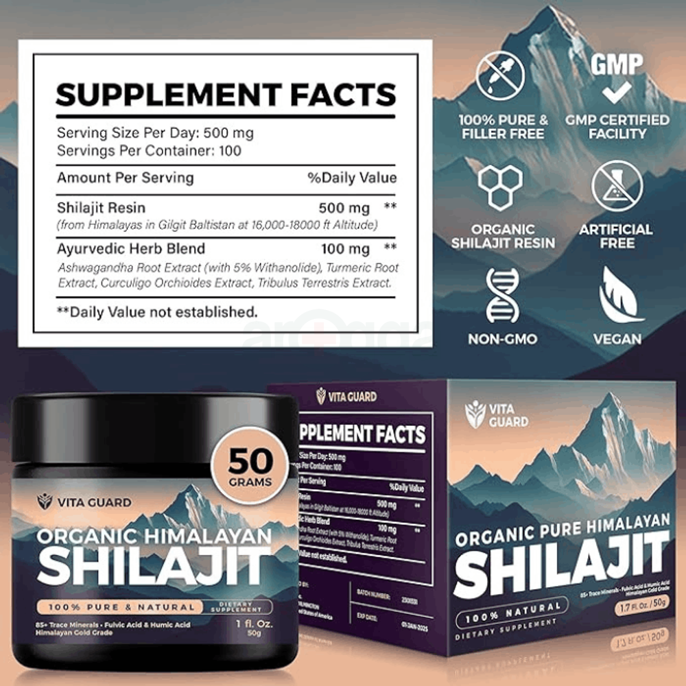 Himalayan Organic Shilajit Resin - 500mg Pure Shilajit Supplement - 100 Servings, 50g		
  