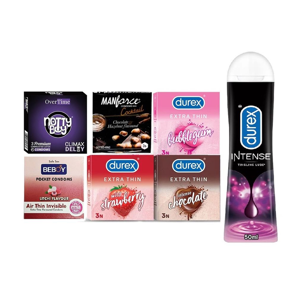 Durex Multi Brand Variant Combo 3x6=18Pcs Condom + Bubblegum 3s, Strawberry 3s, Chocolate 3s , Manforce Coctail 3s, Nottyboy Over time 3s, Beboy Litchi 3s And Intense Tingling Lube Gel 50ml (29)  