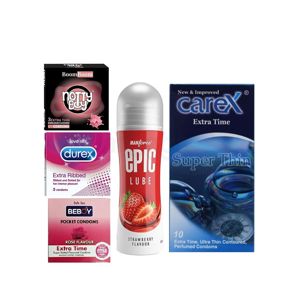 Durex Manforce NottyBoy Beboy Carex Combo = 19Pcs Condom + Epic Strawberry Lubricant Gel 50ml + Durex Ribbed 3s + NottyBoy BubbleGum 3s + Beboy Rose 3s+ Carex Extra Time 10s (30)  