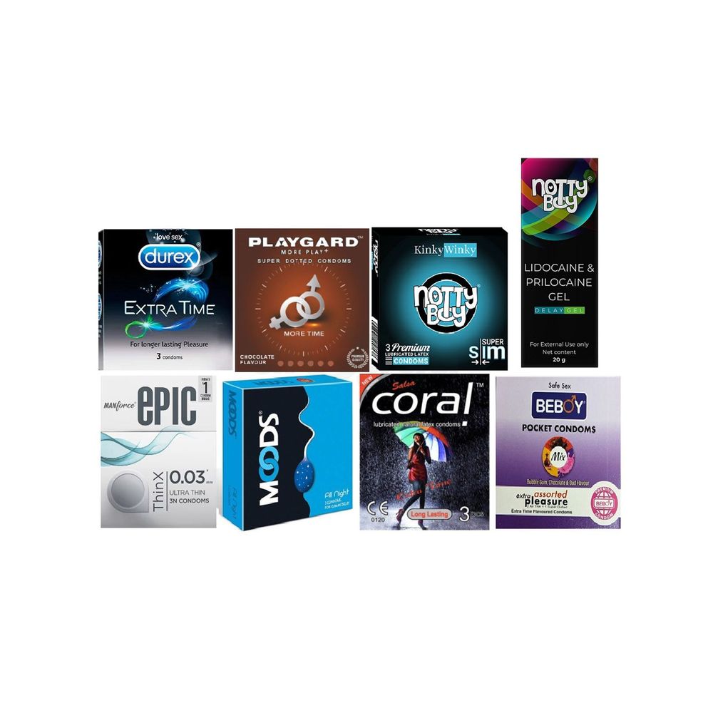 Durex Pleasure Sensation Combo 3x7 = 21Pcs + Nottyboy Delay Gel + Durex Extra Time 3s + Moods All Night 3s+ Beboy Mixed 3s + Manforce Thinx 3s + Nottyboy Slim 3s + Coral 3s + Playgard 3s (35)  