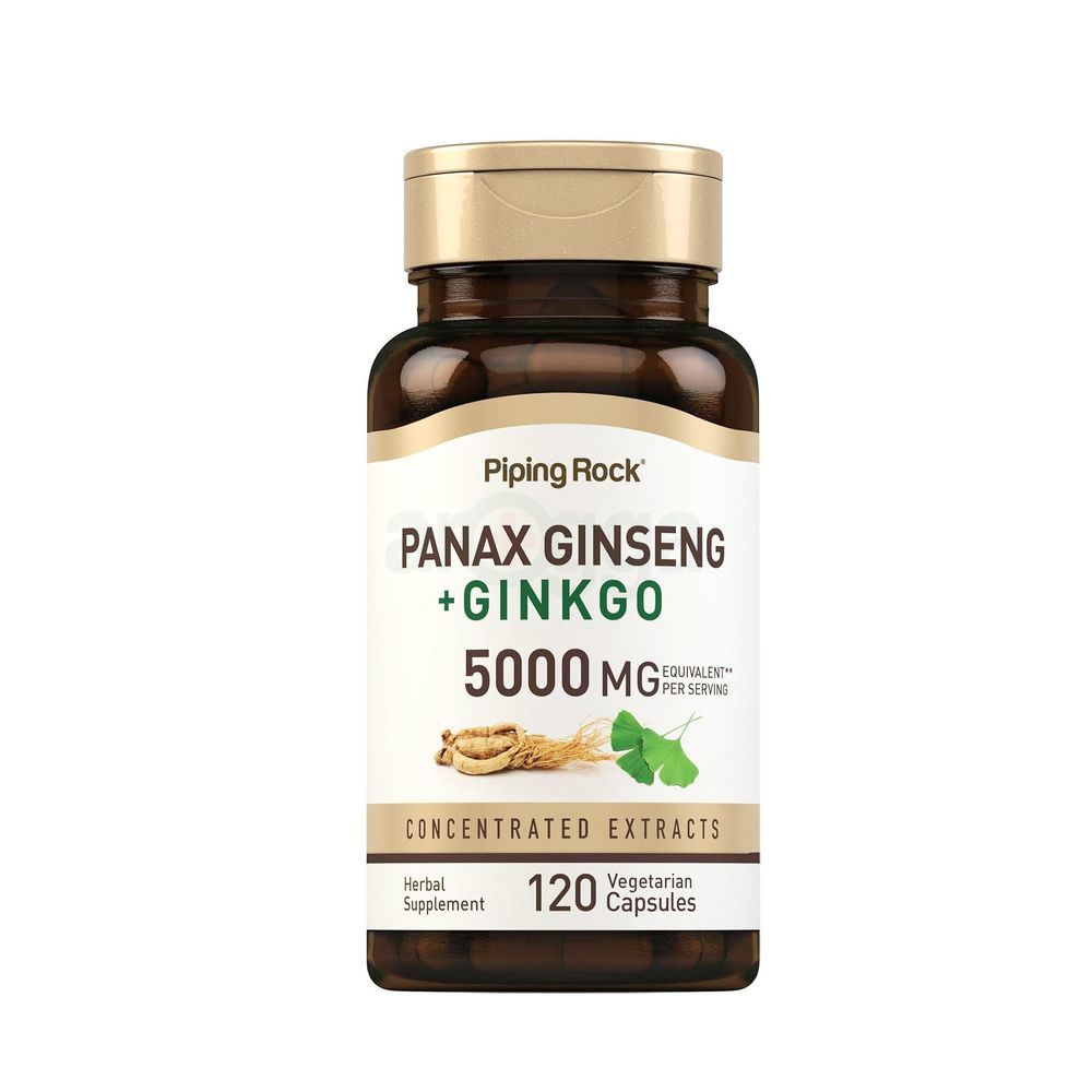 Piping Rock Panax Ginseng Capsules | 5000 mg | 120 Count | with Ginkgo Biloba | Vegetarian, Non-GMO, and Gluten Free Supplement  