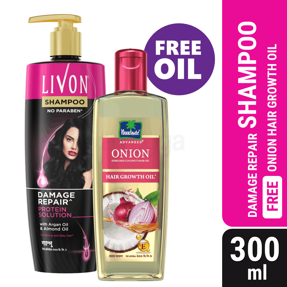 Livon Damage Repair Protein Shampoo 300ml (FREE Parachute Advansed Onion Enriched Coconut Hair Growth Oil 200ml)  