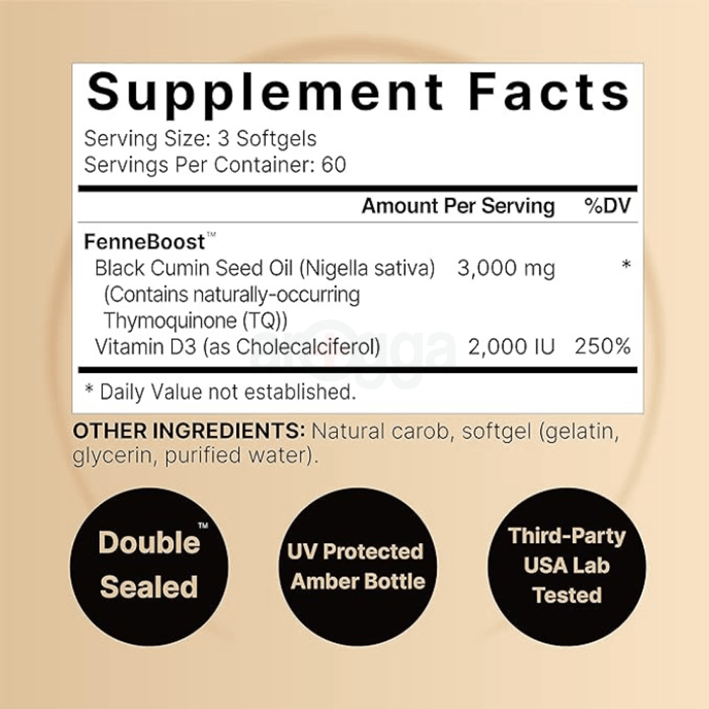 NatureBell Cold Pressed Black Seed Oil 3,000mg Per Serving with Vitamin D3 2,000IU, 180 Softgels  