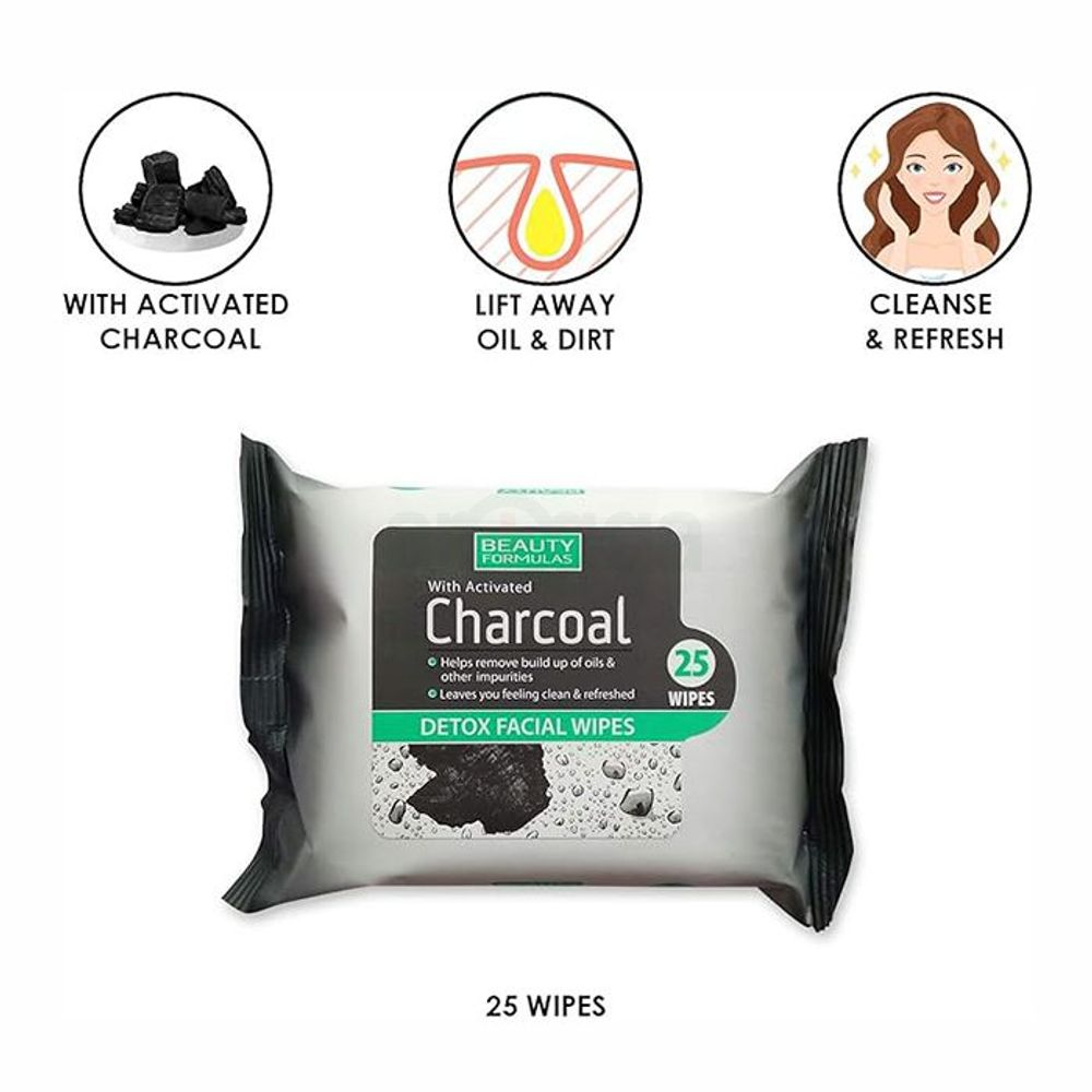 Beauty Formulas Detox Facial Wipes with Activated Charcoal 25 Wipes  