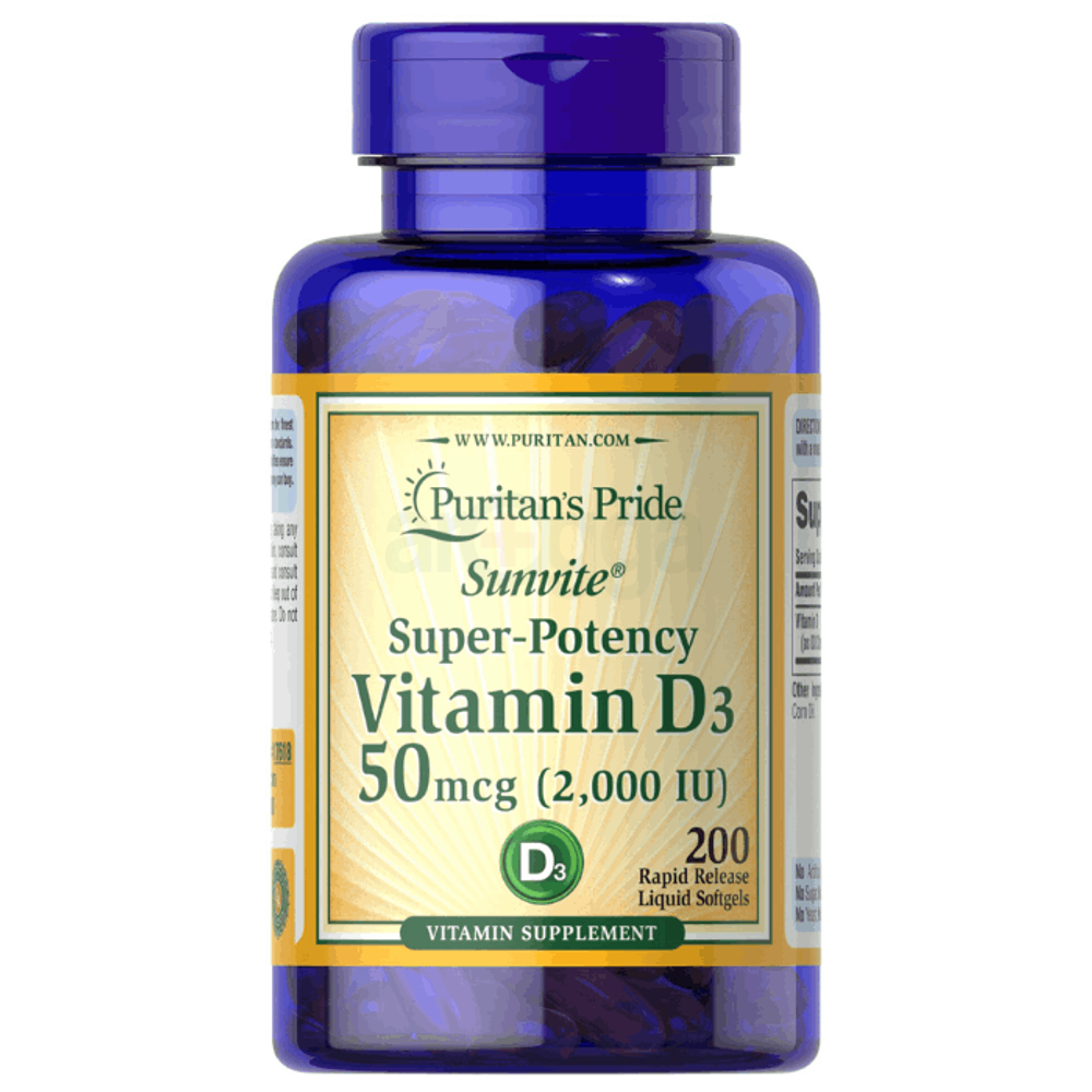 Puritan's Pride Vitamin D3 50 mcg (2000 IU), 200 Softgels  