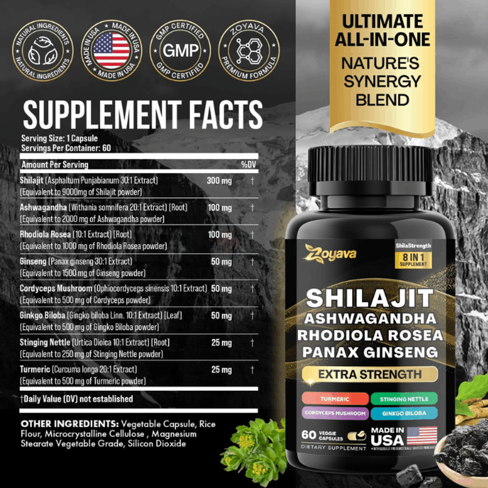 Shilajit 9000 Panax Ginseng 1500MG Ashwagandha 2000MG 60 Capsules  