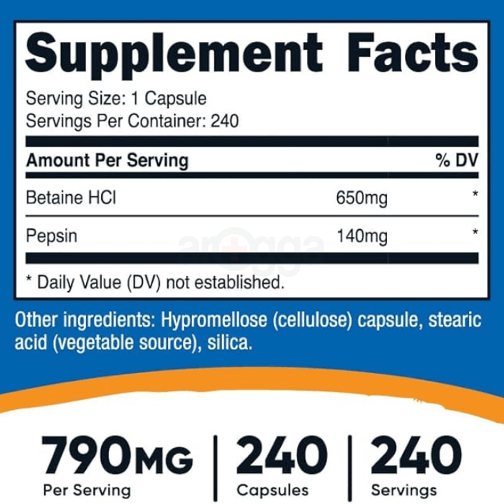 Nutricost Betaine HCl + Pepsin 790mg, 240 Capsules - Gluten Free & Non-GMO
  