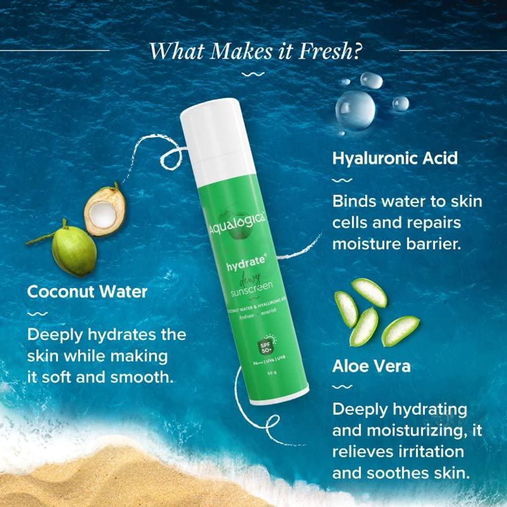 Aqualogica Hydrate+ Dewey Sunscreen SPF 50+ PA++++ with Coconut Water & Hyaluronic Acid  