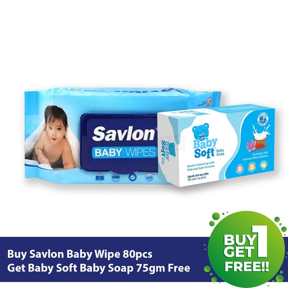 Savlon Baby Wipe 80's Pack  (Soft Baby Soap 75gm Free)  