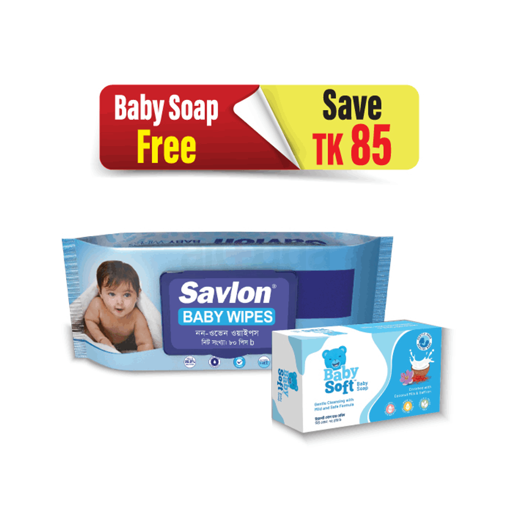 Savlon Baby Wipe 80's Pack  (Soft Baby Soap 75gm Free)  