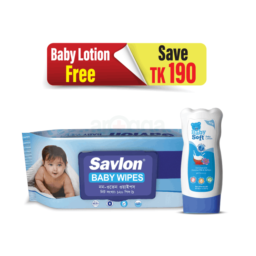 Savlon Baby Wipe 120's Pack (Soft baby lotion 100ml free)  