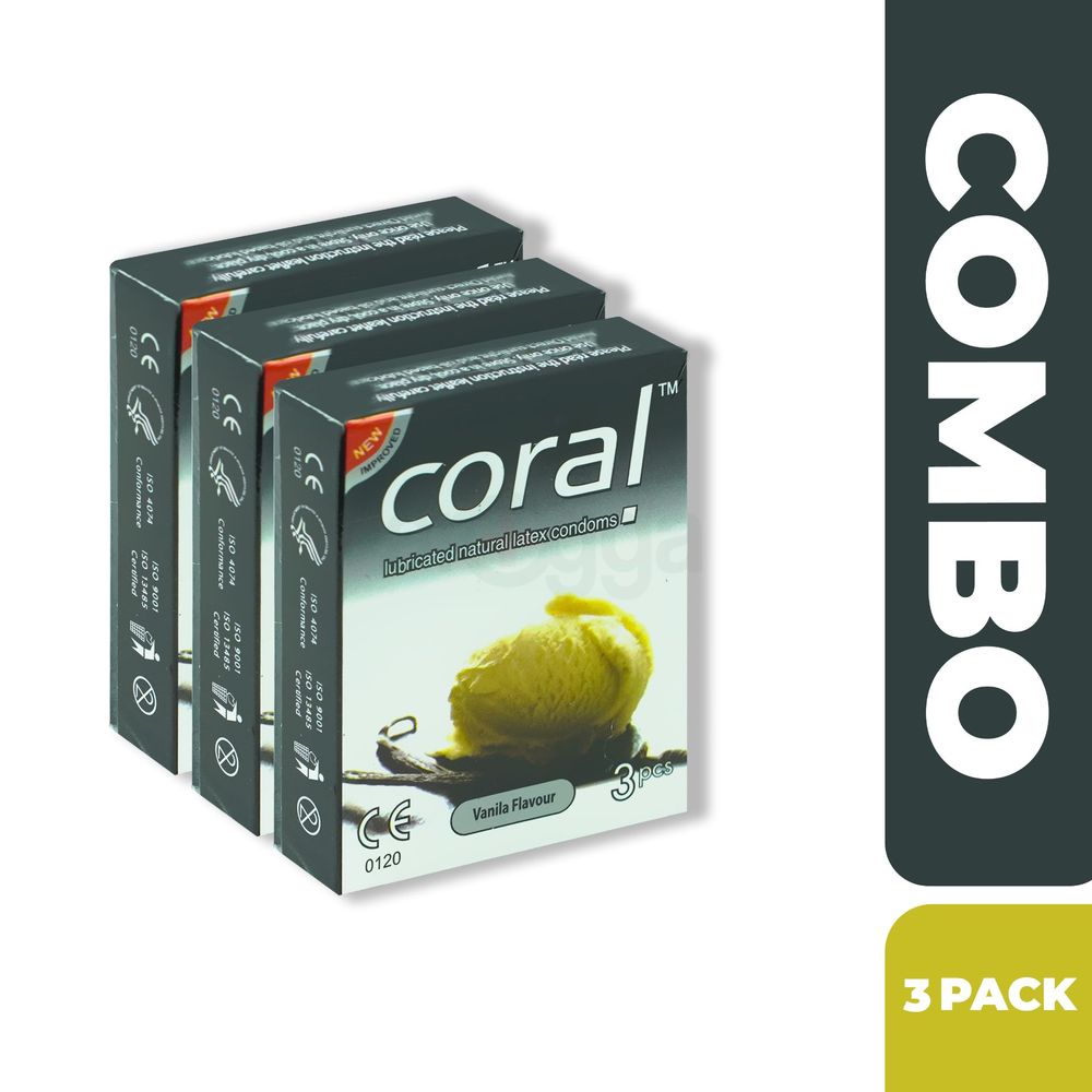 Coral - Vanilla Flavors Lubricated Natural Latex Condom - Combo Pack - 3 Packs - 3x3 - 9pcs  