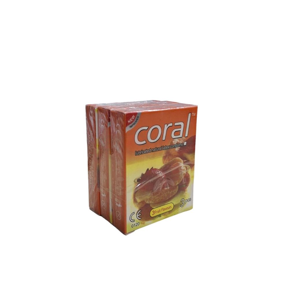 Coral 3 Fruit Flavors Lubricated Natural Latex Condoms 3 Pack Combo - 9 Pcs - Condom  