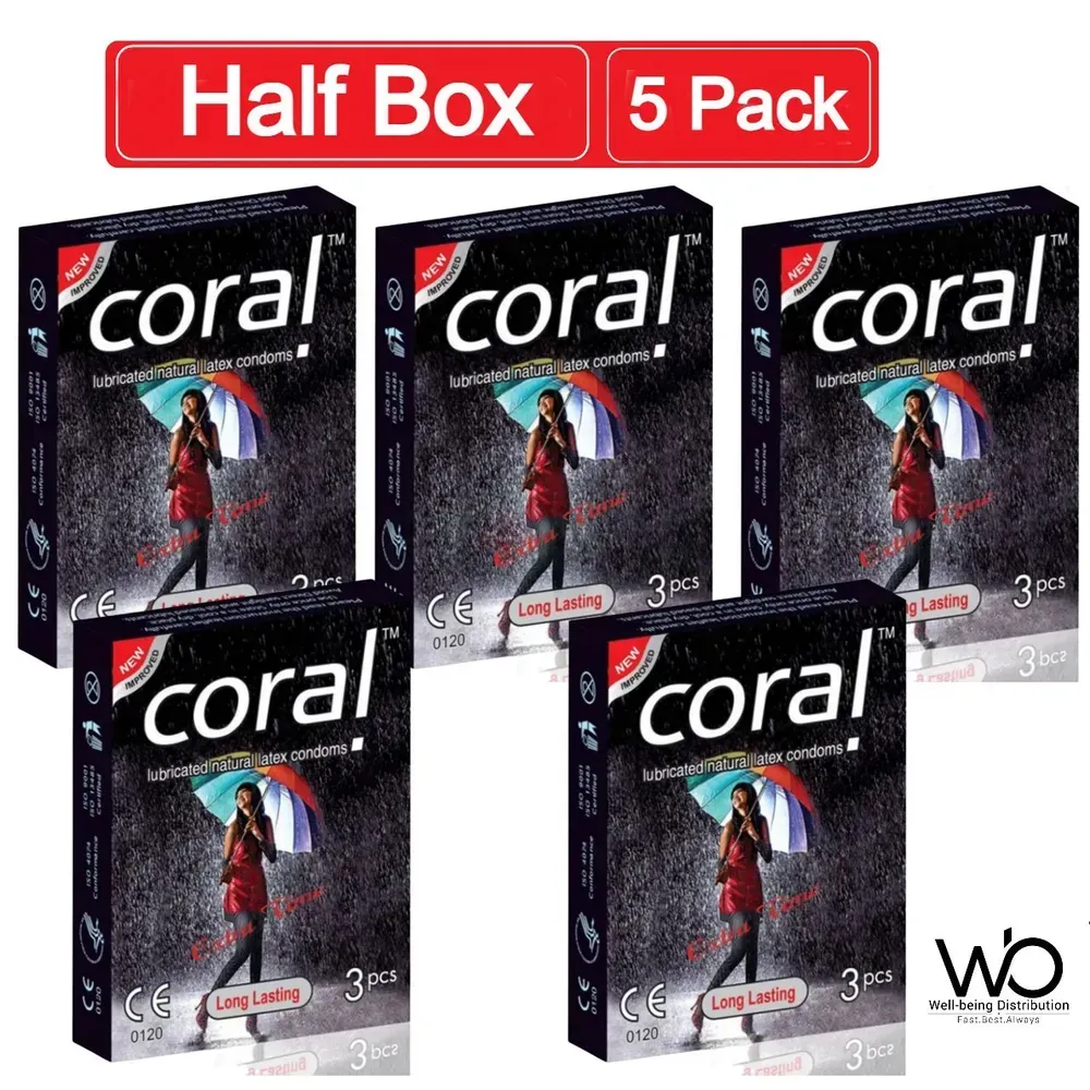 Coral Long Lasting Extra Time Lubricated Natural Latex Condom Half Box - 3x5=15pcs (Made in Malaysia)  