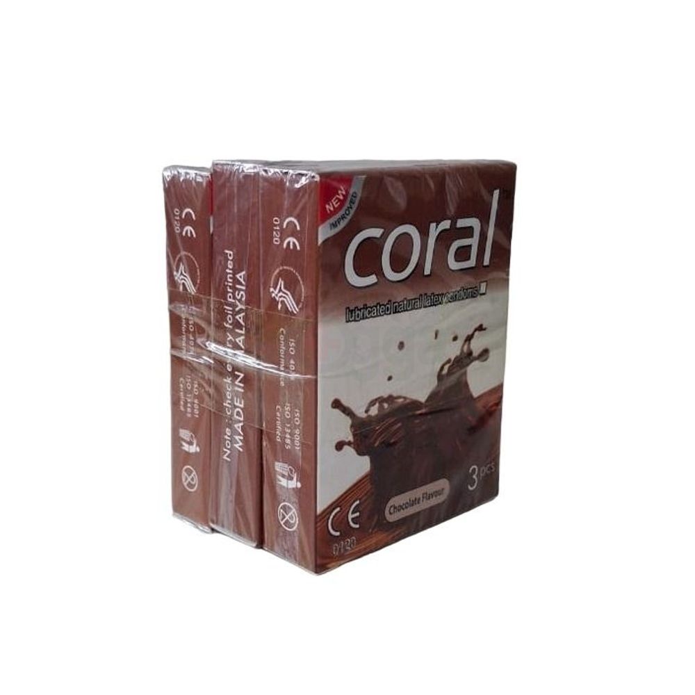 CORAL - Coral - Chocolate Flavors Lubricated Natural Latex Condom - Combo Pack of 3 (3 x 3 = 9 pcs)  