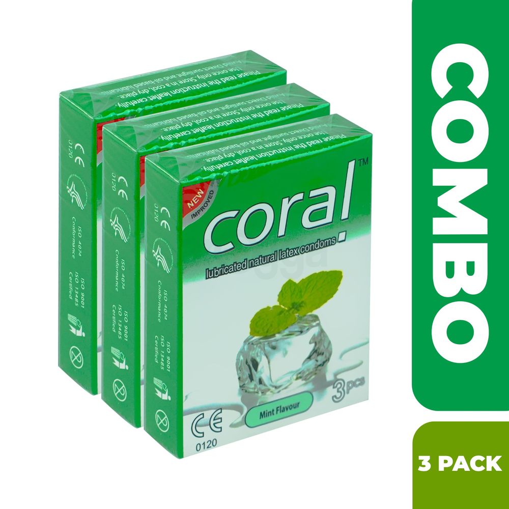 Coral - Mint Flavors Lubricated Natural Latex Condom - Combo Pack - 3 Packs  