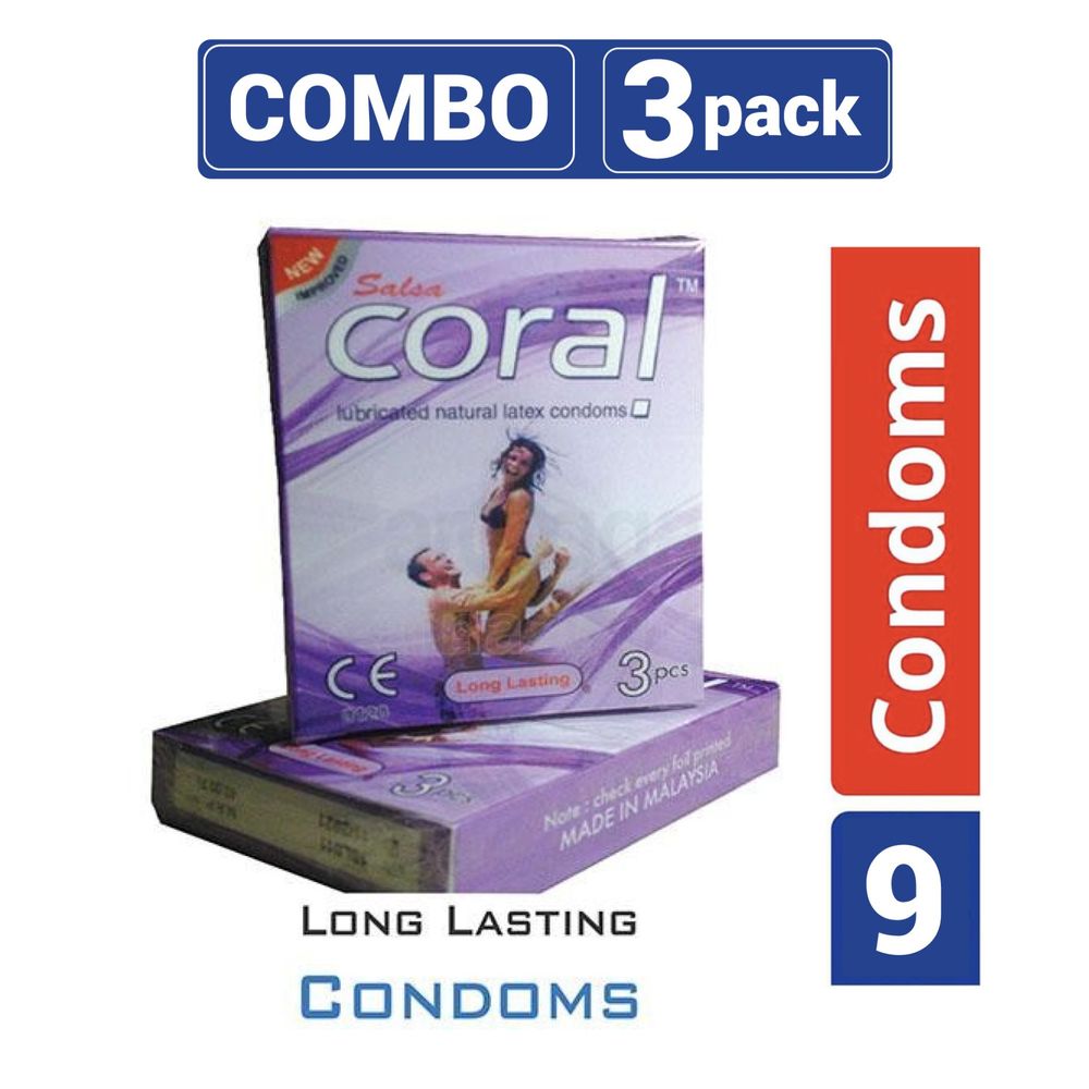 Coral - Long Lasting Lubricated Natural Latex Condom - Combo Pack - 3 Packs - 3x3 - 9pcs  