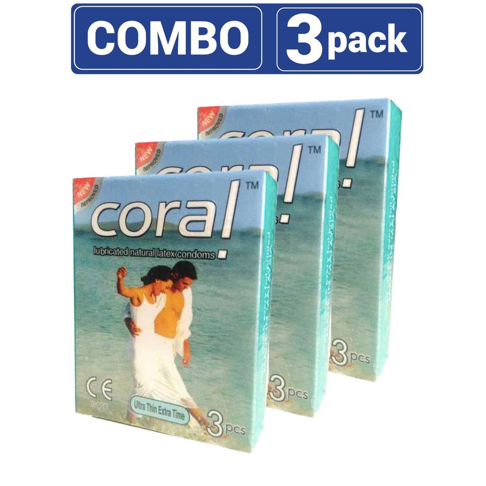 Coral - Ultra Thin Extra Time Lubricated Natural Latex Condom - Combo Pack - 3 Packs -9pcs  