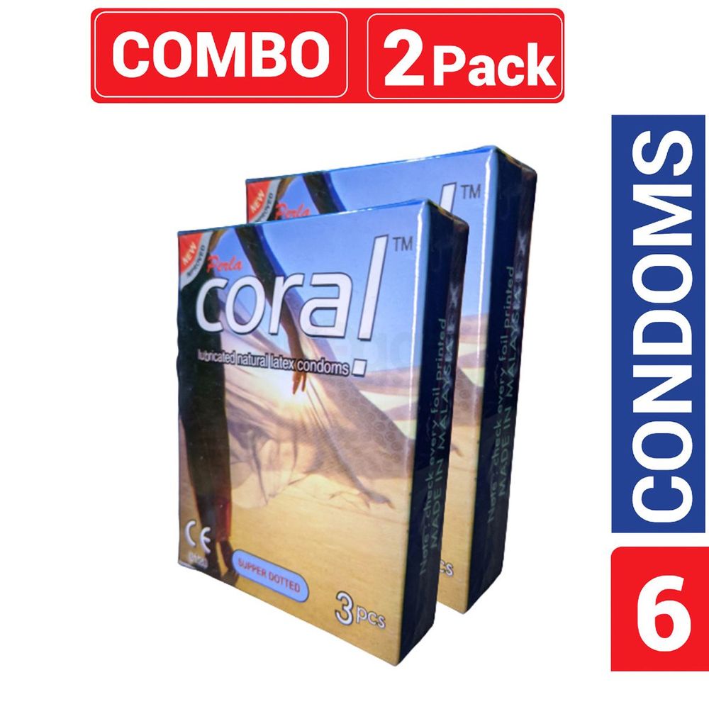 Coral - Super Dotted Lubricated Natural Latex Condom - Combo Pack - 2 Packs - 3x2=6pcs  
