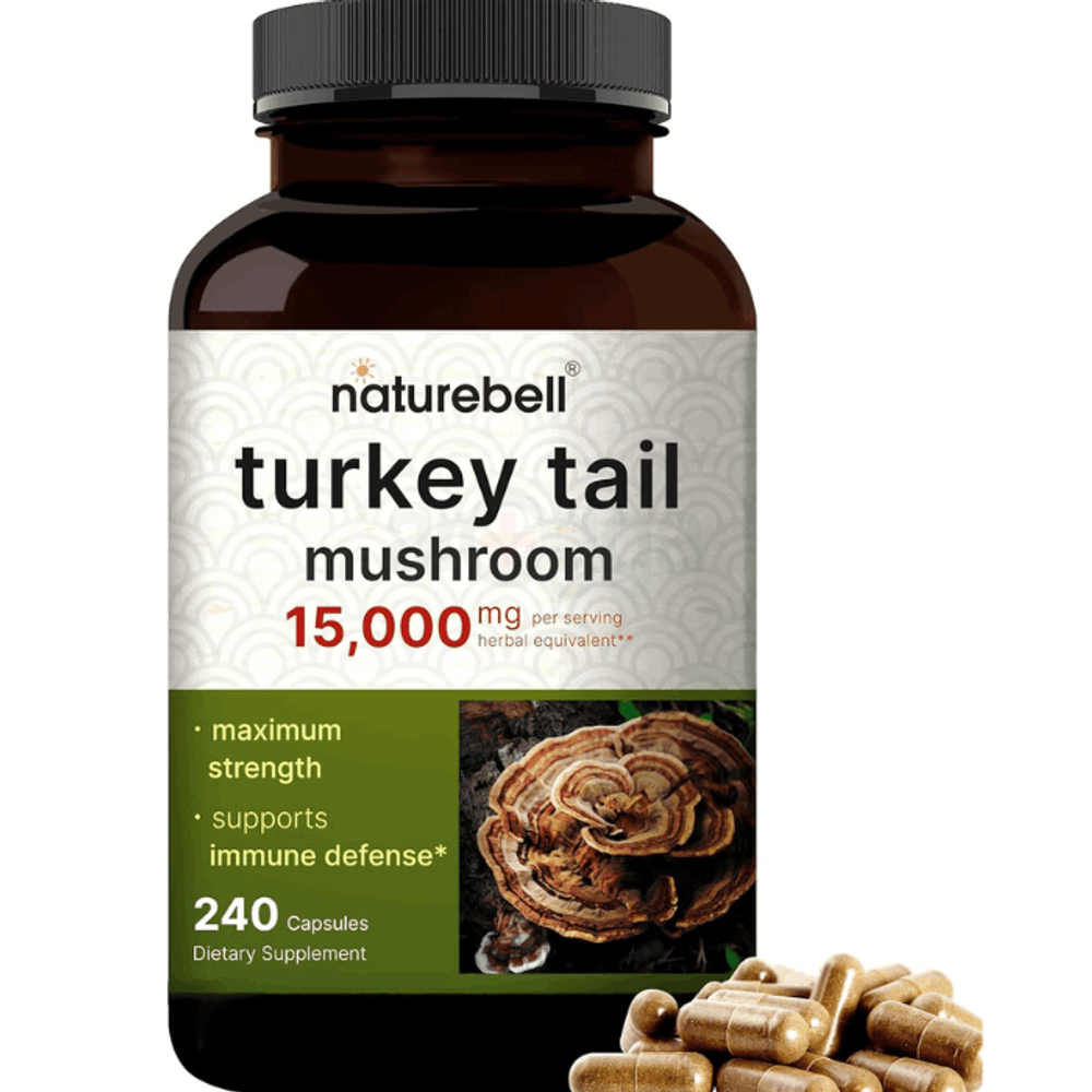NatureBell Turkey Tail Mushroom Capsules | 25:1 Fruiting Body & Mycelium Extract, 240 Capsules  