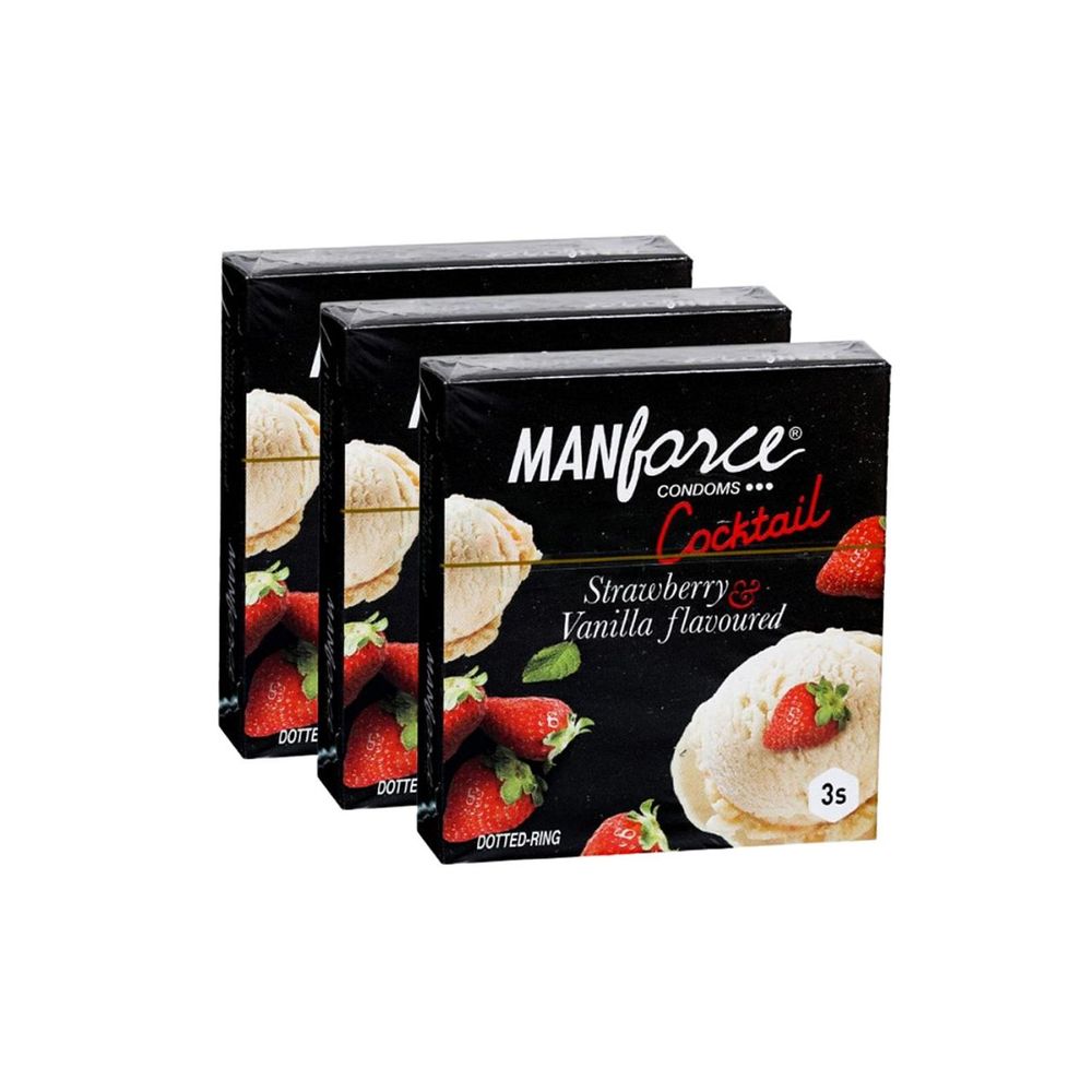 Manforce - Cocktail Condoms with Dotted-Rings Strawberry & Vanilla Flavored - Combo Pack - 3 Pack - 3x3=9pcs  