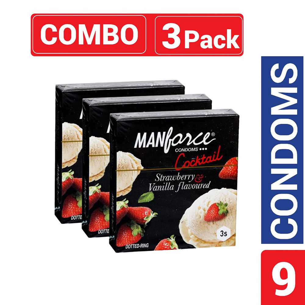 Manforce - Cocktail Condoms with Dotted-Rings Strawberry & Vanilla Flavored - Combo Pack - 3 Pack - 3x3=9pcs  