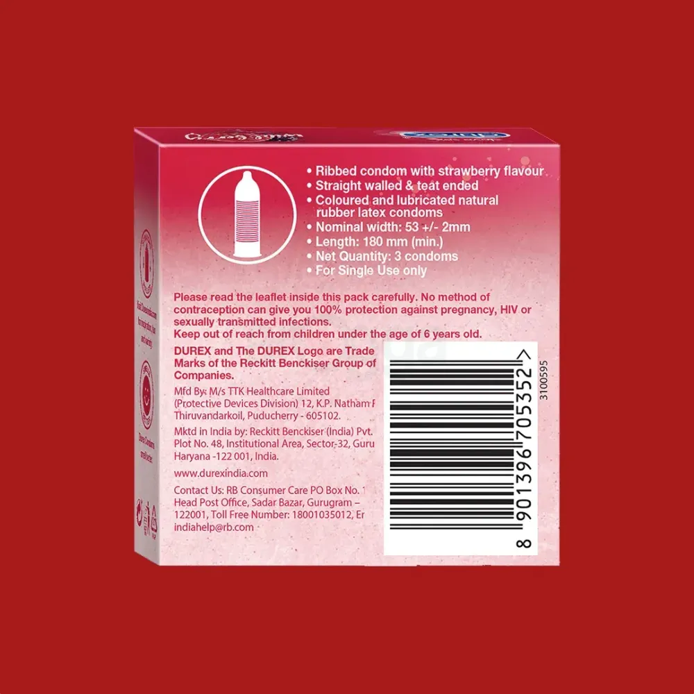 Durex - Extra Thin Wild Strawberry Flavored Condom - Single Pack - 3x1- 3pcs - Condom  