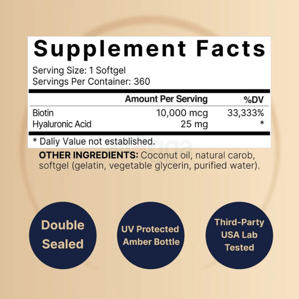 Naturebell Biotin 10000mcg + Hyaluronic Acid 25mg | 360 Coconut Oil Softgels  