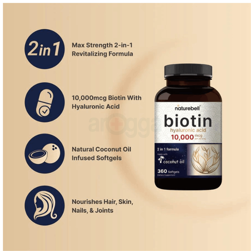 Naturebell Biotin 10000mcg + Hyaluronic Acid 25mg | 360 Coconut Oil Softgels  